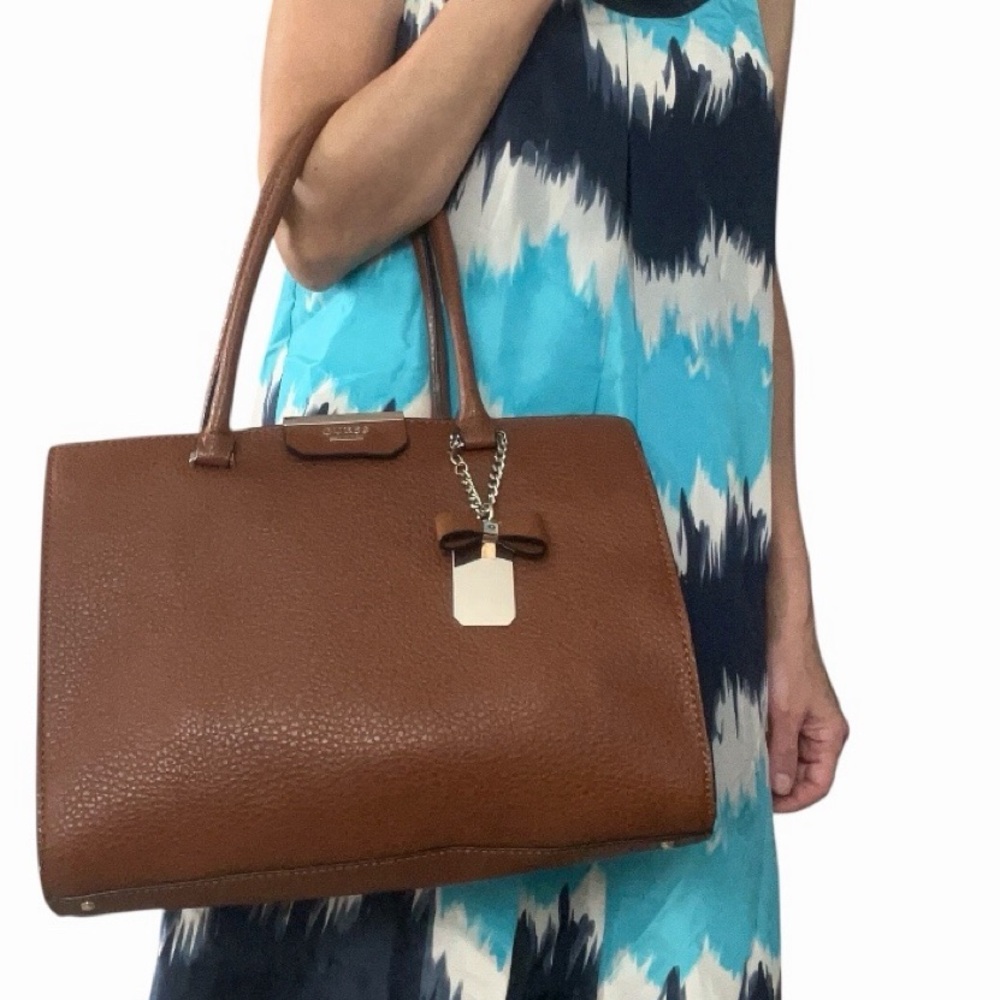 Guess Faux Leather Tan Rich Cognac Brown Structured Satchel Tote Bag - Picture 14 of 16